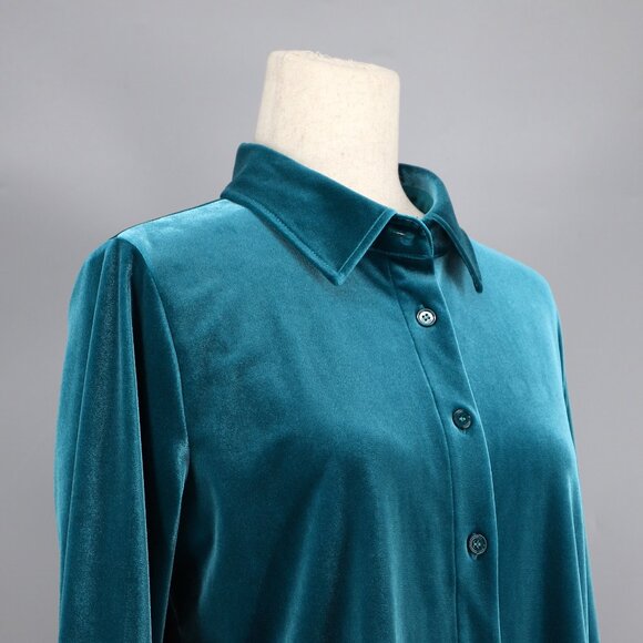 SOFT SURROUNDINGS Velvet Boyfriend Tunic Button Down Shirt Teal Blue Size S - Picture 3 of 7